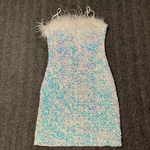 Sequin Fairycore white & blue sequin bodycon dress with feather trim.